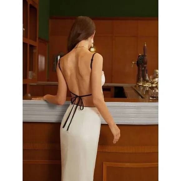 Commense Satin Elegant beige Spaghetti Straps and Bow Detail Maxi Skirt set S - Picture 6 of 15